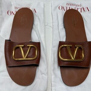 Valentino Garavani Brown Leather Slide Sandals with Gold V Logo